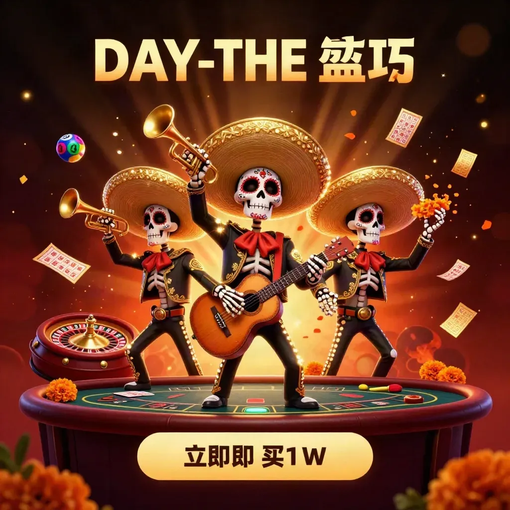 Skeleton mariachi trio amid casino lights, spinning wheels, and treasure bursts