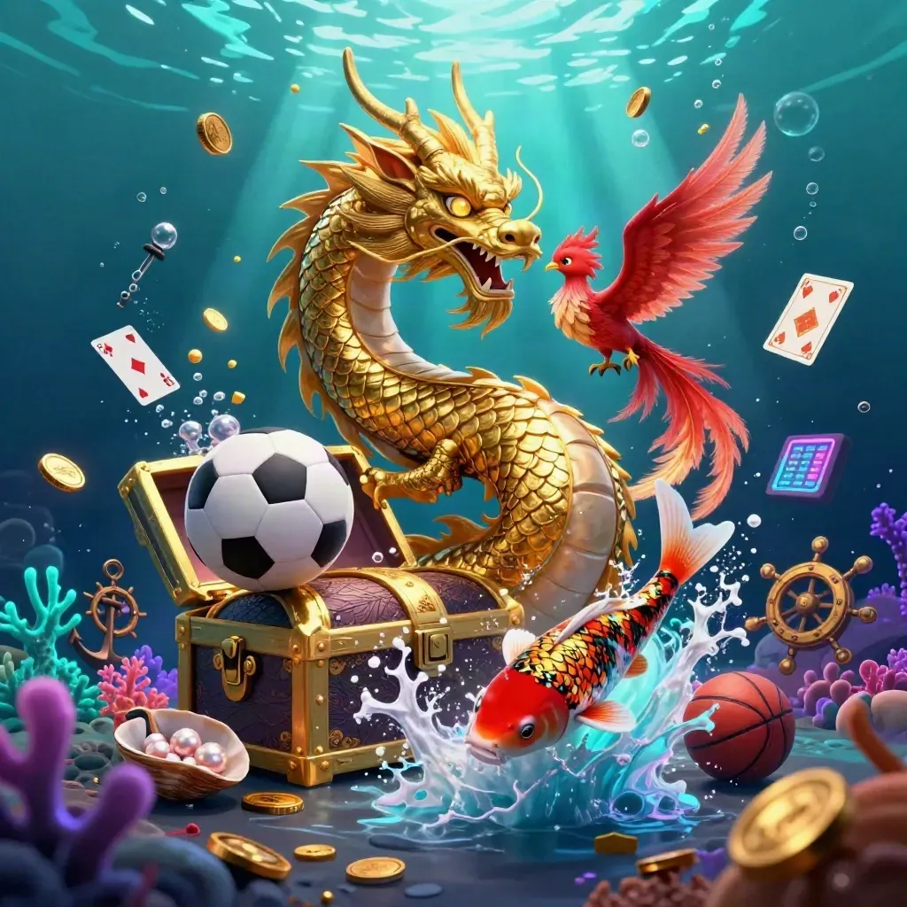 Golden dragon, phoenix and koi amid coins and cards in a glowing underwater treasure cove.