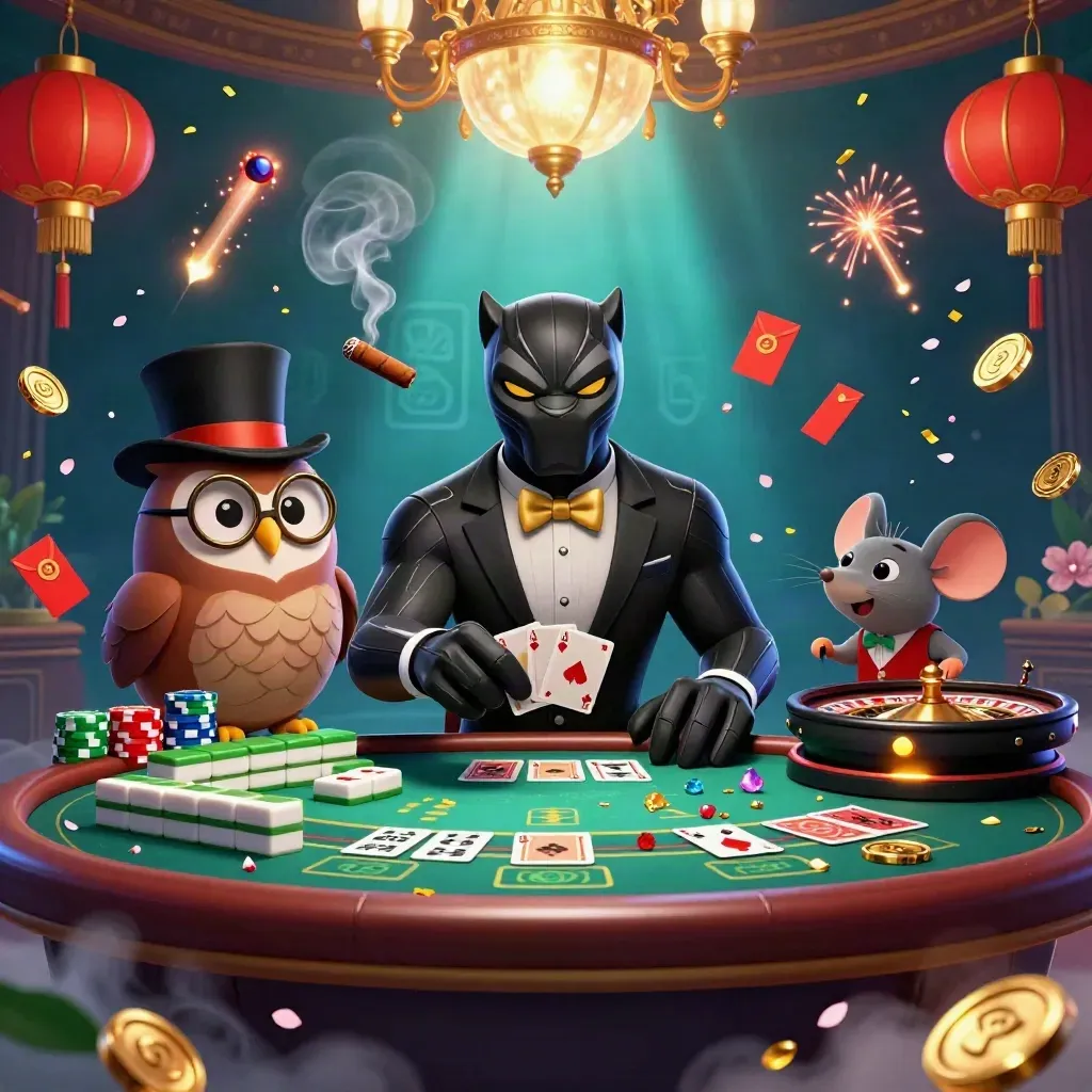 Panther, owl and mouse in a luxe neon casino with jade coins, lanterns and smoke.