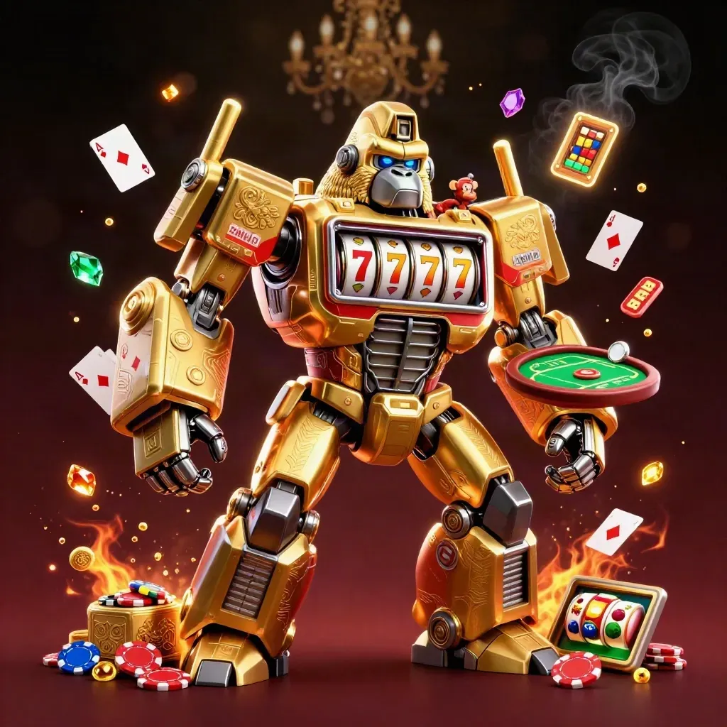 Golden gorilla slot mech with monkey pilot amid cards, chips, and casino glow.
