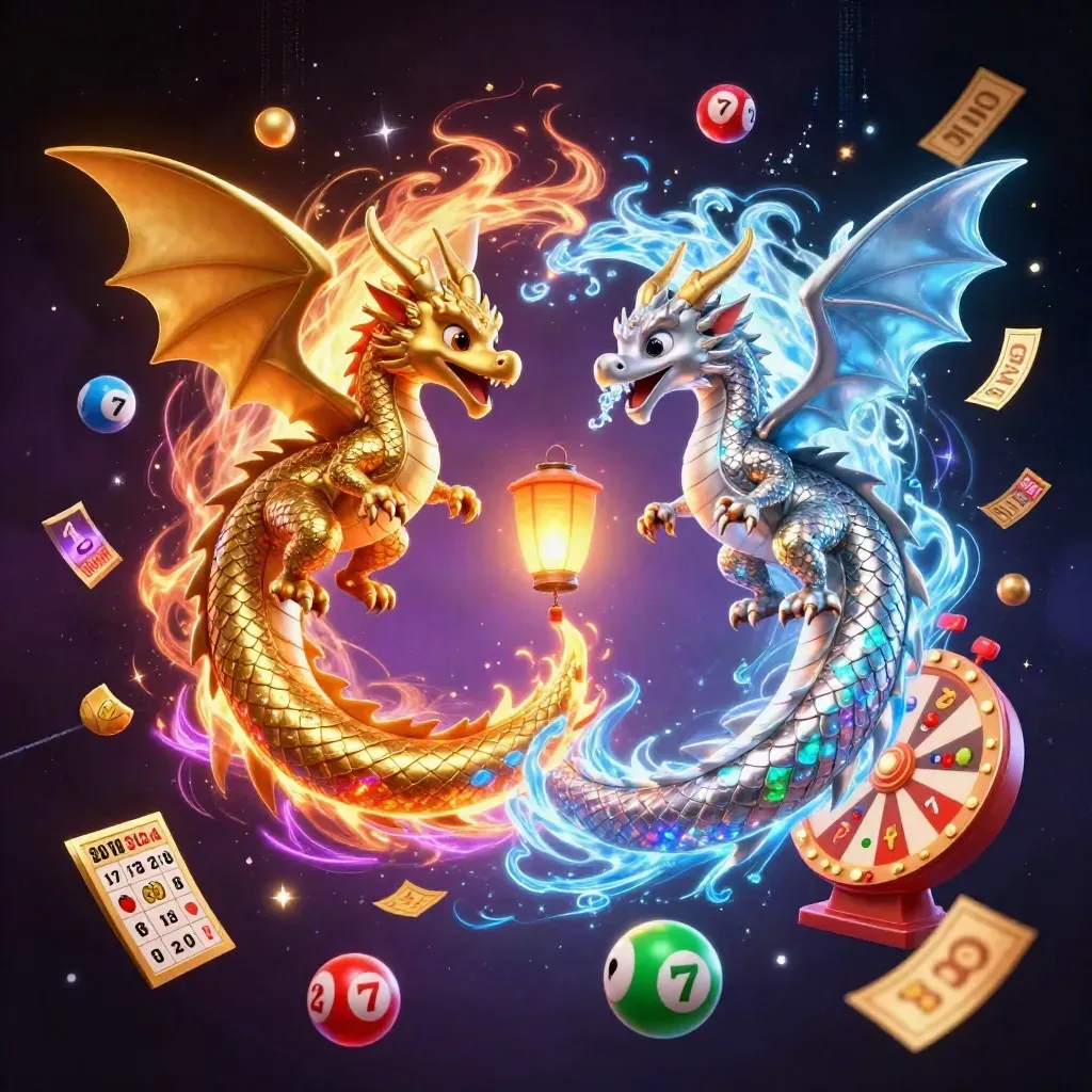 Gold and silver dragons spiral around a lantern spirit amid casino bursts and neon energy.