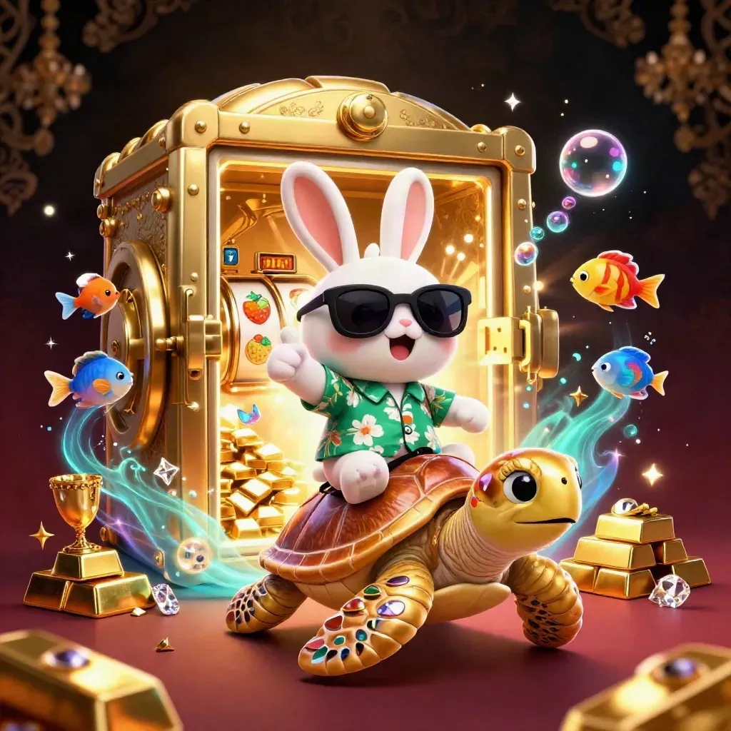 Cartoon rabbit on a gem-shell sea turtle with treasure, bubbles, and cyan casino glow.