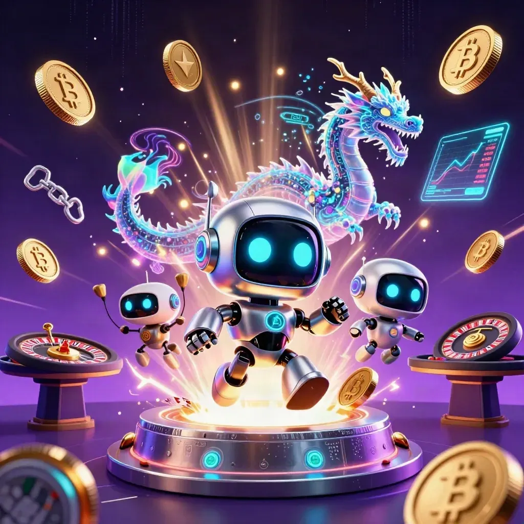 Cyberpunk robot, holographic dragon, and coin drone amid casino coins, lightning, and neon purple-black glow.