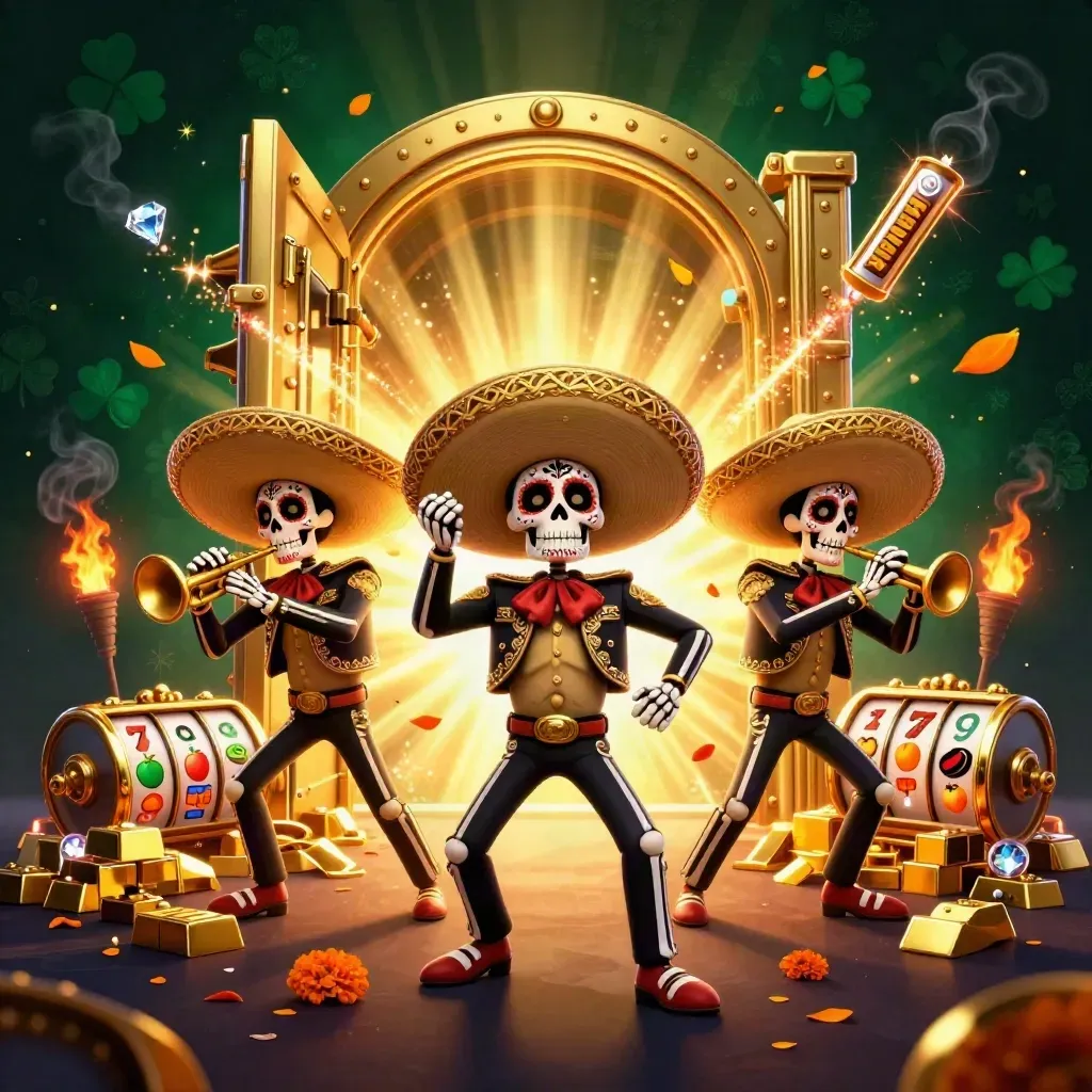 Day-of-the-Dead skeleton mariachi trio amid gold vault, slot reels, and casino glow.